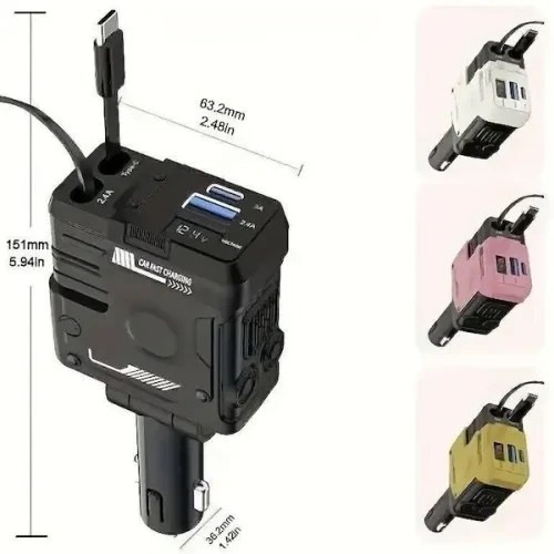 شارژر فندکی 4 در 1 خودرو 120 وات | شارژر کابل جمعشونده Type-C و Lightning