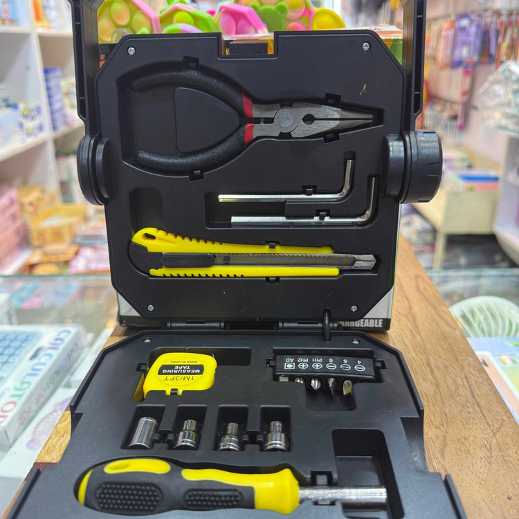 چراغ کار خورشیدی هلوکلاود مدل HC-778 با جعبه ابزار ۱۳ پارچه، پاور بانک و چراغقوه جانبی
